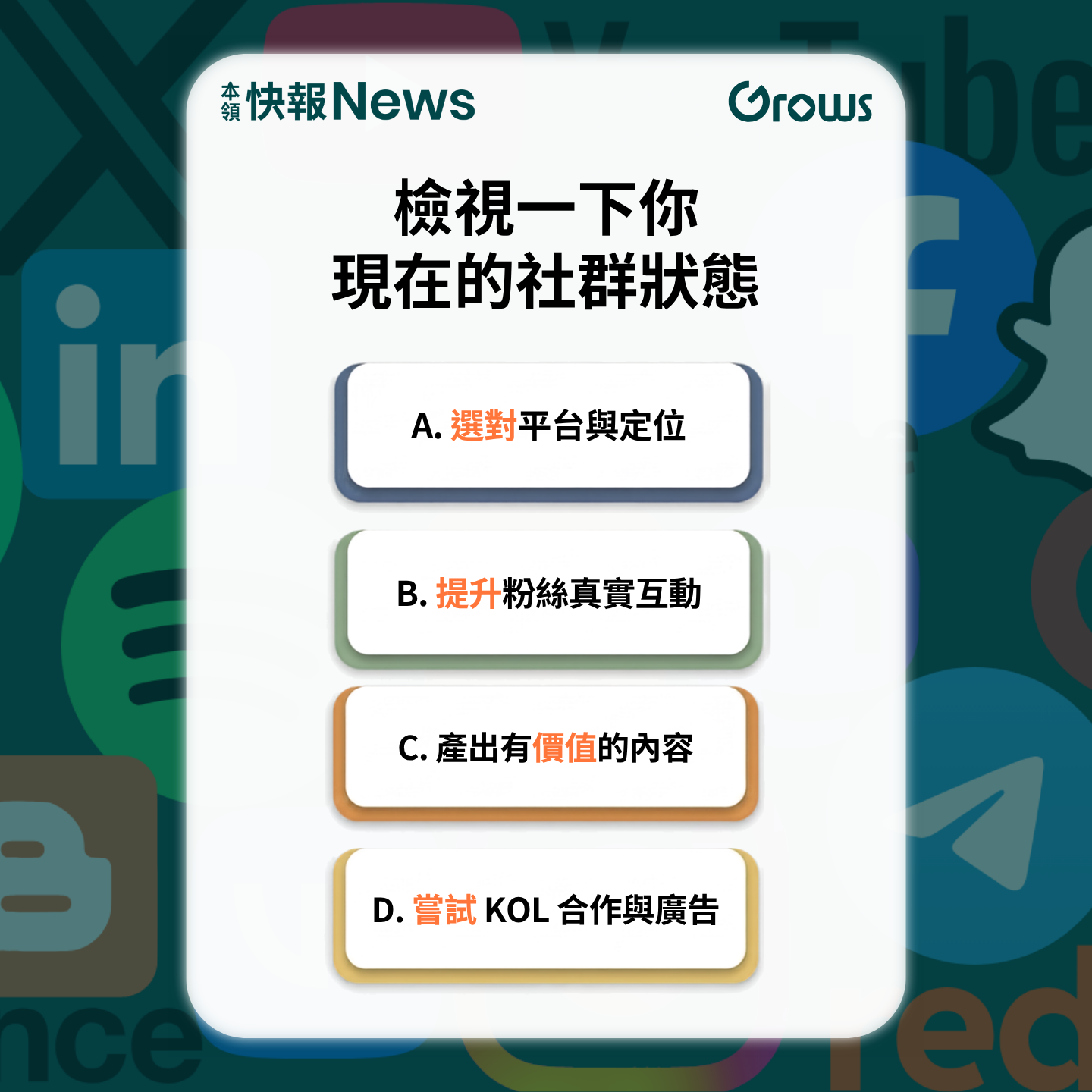 檢視一下你現在的社群狀態：A 選對平台與定位、B 提升粉絲真實互動、C 產出有價值的內容、D 嘗試 KOL 合作與廣告