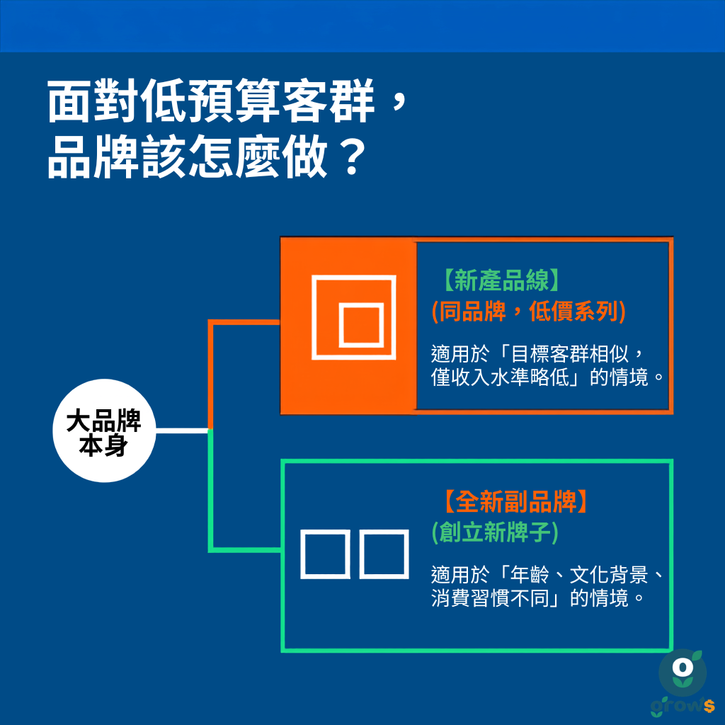 面對低預算客群，品牌該怎麼做？大品牌本身可以選擇新產品線（同品牌、低價位），適用於「目標客群相似，僅收入水準略低」的情境；或者全新副品牌（創立新牌子），適用於「年齡、文化背景、消費習慣不同」的情境
