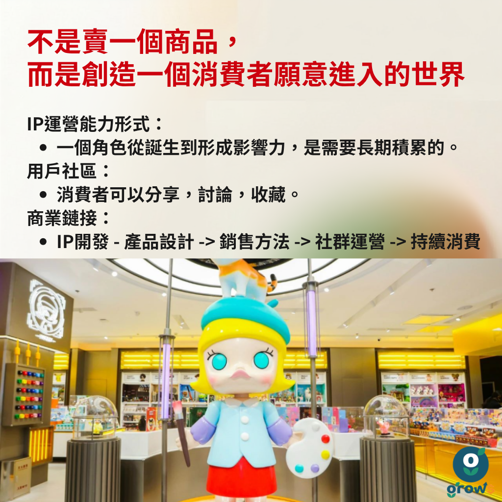 不是賣一個商品，而是創造一個消費者願意進入的世界 —— IP 運營能力形式：一個角色從誕生到形成影響力，是需要長期積累的。用戶社區：消費者可以分享、討論、收藏。商業鏈接：IP 開發、產品設計、銷售方法、社群運營、持續消費
